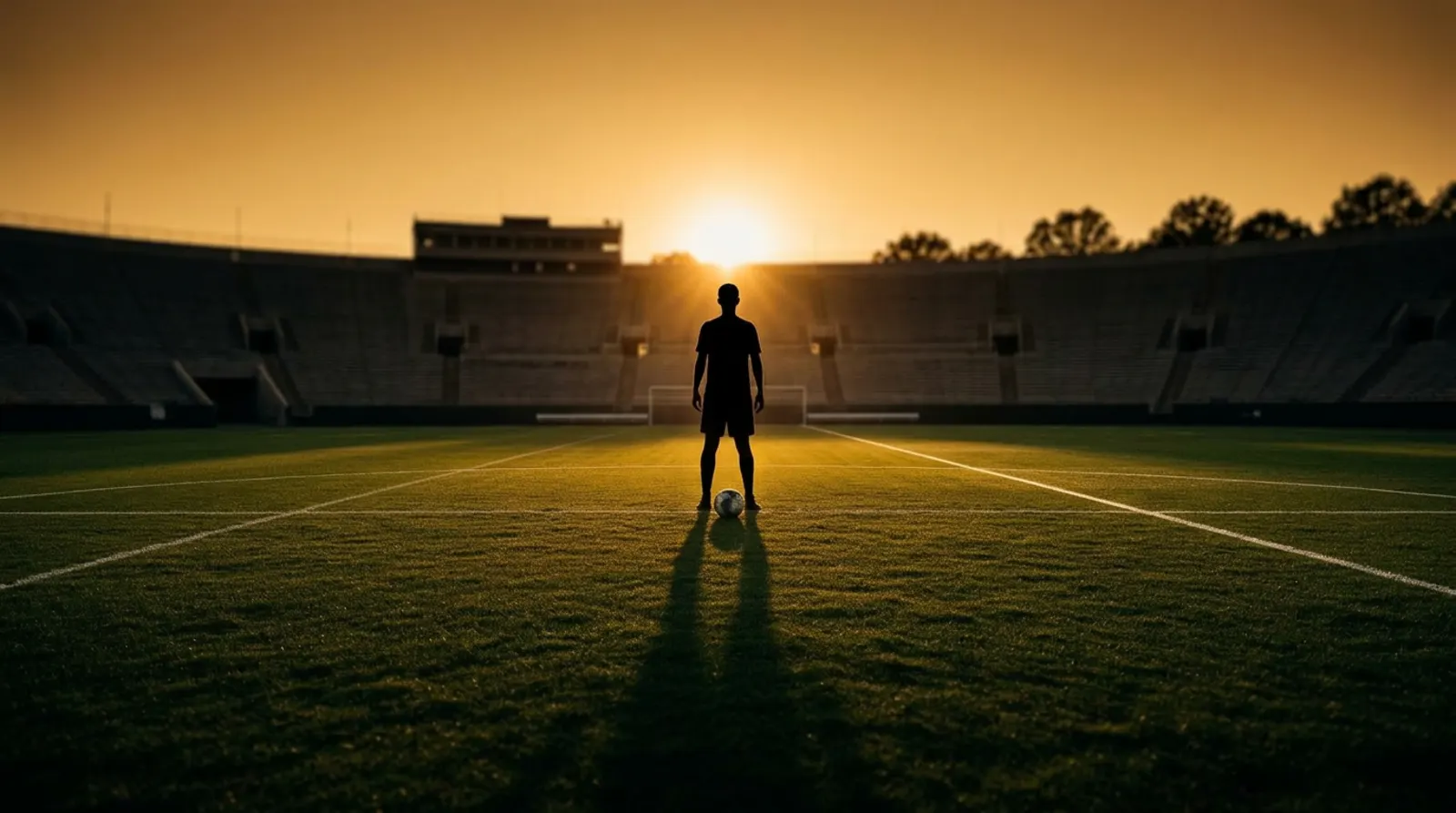 An athlete standing on an empty field at sunset